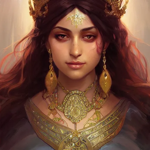 Prompt: persian princess, D&D, painted fantasy character portrait, highly detailed, digital painting, artstation, concept art, sharp focus, illustration, art by artgerm and greg rutkowski and alphonse mucha