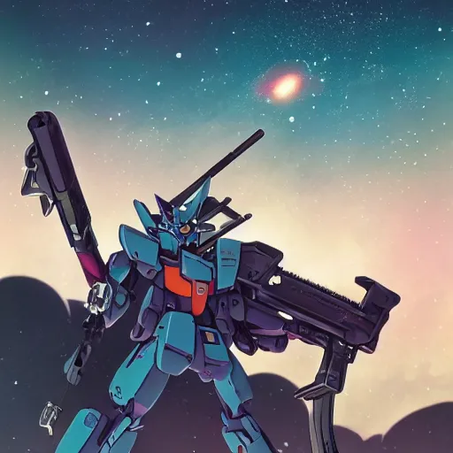 Prompt: a cartoon gundam with a sniper rifle in front of the camera by inio asano, beeple and james jean, aya takano color style, 4 k, super detailed, night sky, digital art, digital painting, celestial, majestic, colorful