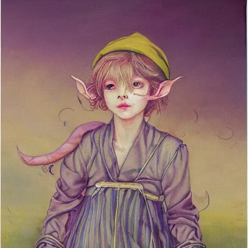 Image similar to little elf tomboy, purple tunic, soft hair. light color palate, detailed soft painting, ayami kojima, anatomically correct, inspired in balthus