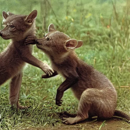 Prompt: an archival technicolor photograph of 3 Thylacine cubs playing in a field