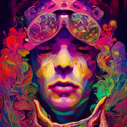 Image similar to An extremely psychedelic experience, colorful, surreal, dramatic lighting, cosmonaut, LSD, face, detailed, intricate, elegant, highly detailed, digital painting, artstation, concept art, smooth, sharp focus, illustration, art by Sam Spratt, Dan Mumford, Artem Demura and Alphonse Mucha