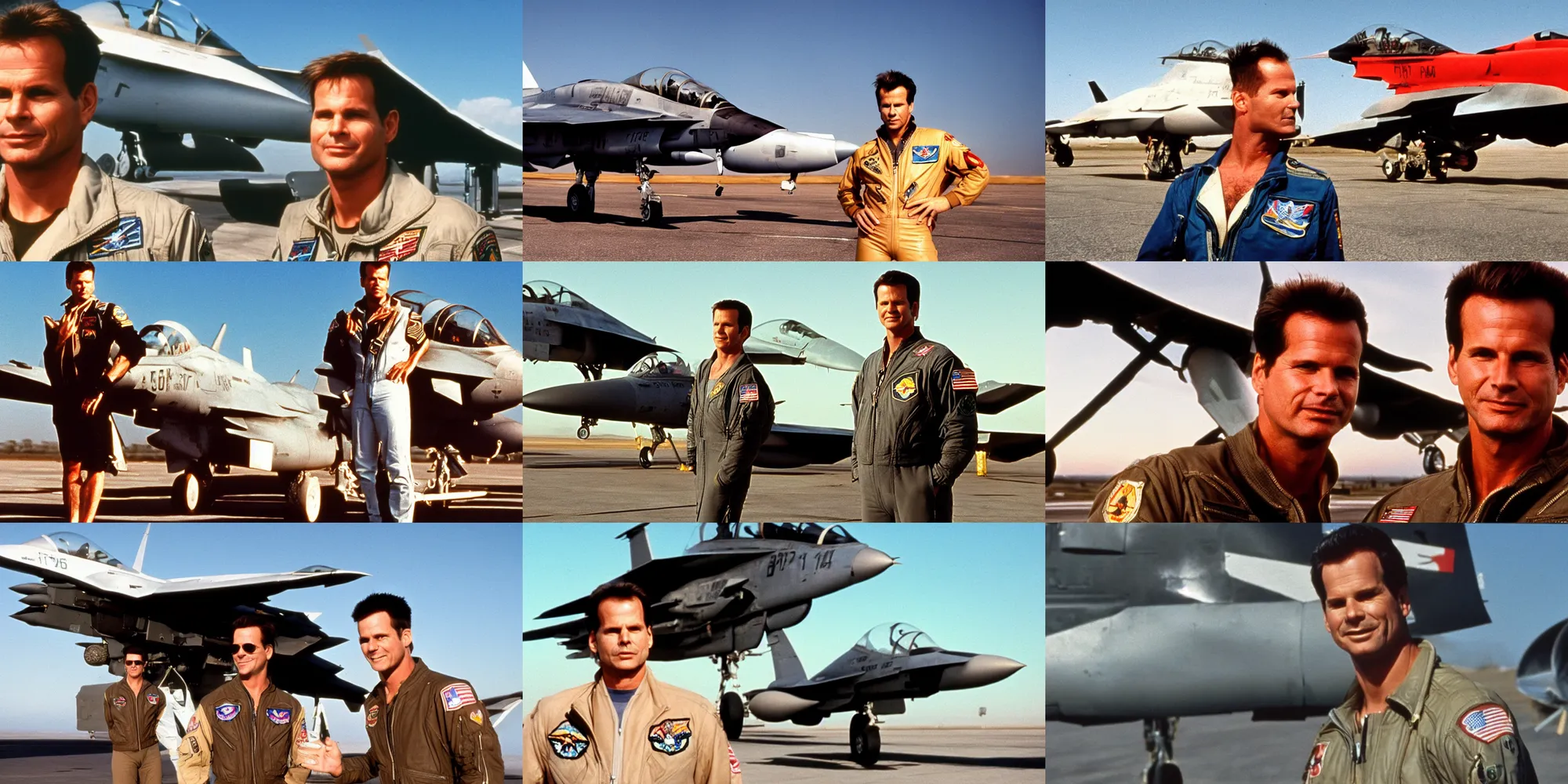 Prompt: Portrait 30 year old Bill Paxton, with flat top hair style standing next to an F14 plane, golden hour, film still from Top Gun 1986