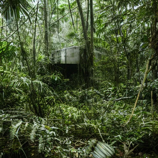 Image similar to an abandoned research facility in a jungle, dslr photography, sci - fi