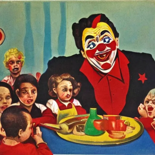 Prompt: communist clown painting soviet propaganda style in poster style portrait hungry children in the background