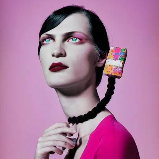 Image similar to a studio close - up portrait of a beautiful fashion model holding a brick to her ear. surreal photograph, lo - fi, polished look, silly and serious, hermes ad, fashion photography, toiletpaper magazine by pierpaolo ferrari and maurizio cattelan, 3 5 mm photograph, colourful, by pierpaolo ferrari, maurizio cattelan, david lachapelle