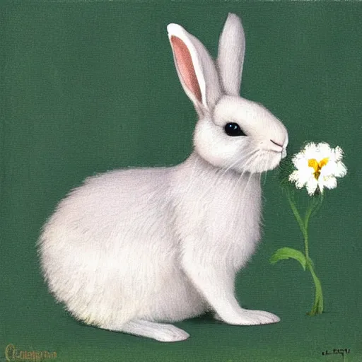 Prompt: The rabbit made out of metals in the picture looks cute and playful. It has big, fluffy ears and a long, furry tail. Its fur is a light brown color, and its eyes are a bright blue. The background of the picture is a gentle green, and there are flowers blooming around the rabbit. painted by Balaskas Christopher.