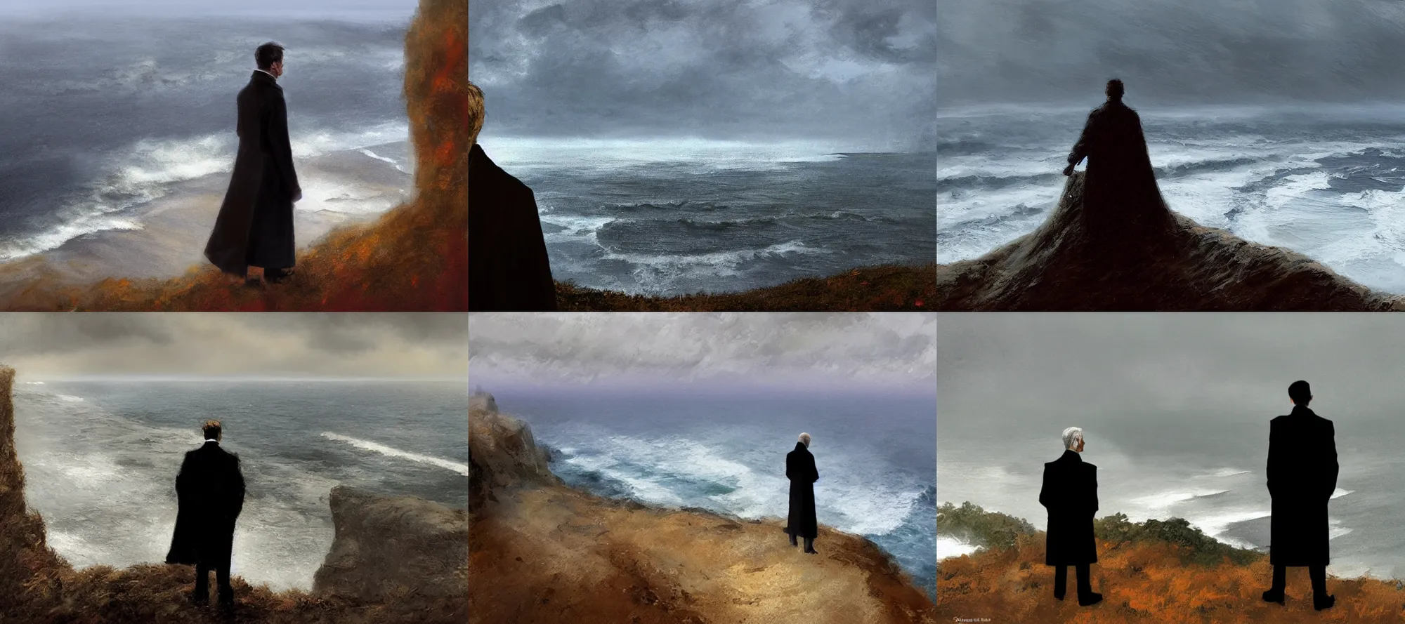 Prompt: a man wearing a long black coat standing on the edge of a cliff looking out to the sea, windy autumn evening, rain, dusk, art by Craig Mullins and Gret Rutkowski