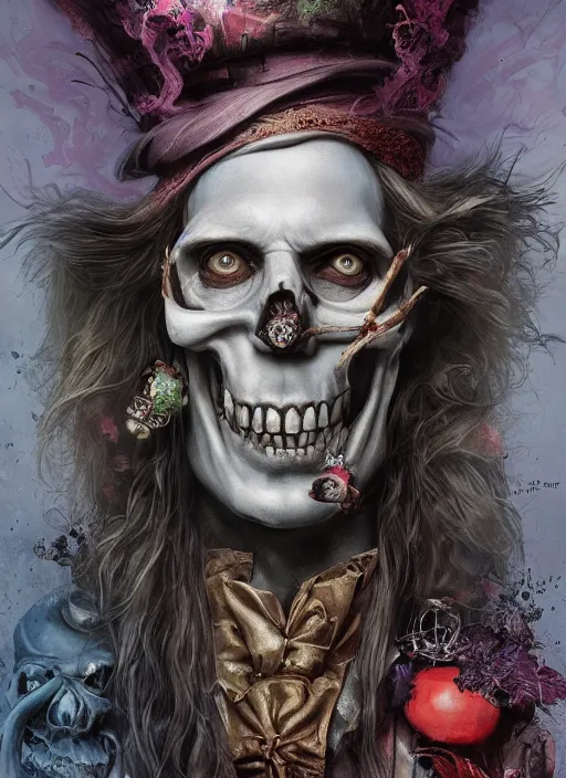 Prompt: alice in wonderland mad hatter the magician tarot card, highly detailed, half skull face, cinematic, 8 k, by stanley artgermm, tom bagshaw, greg rutkowski, carne griffiths, ayami kojima, beksinski, giger, trending on deviantart, hyper detailed, horror, full of colour