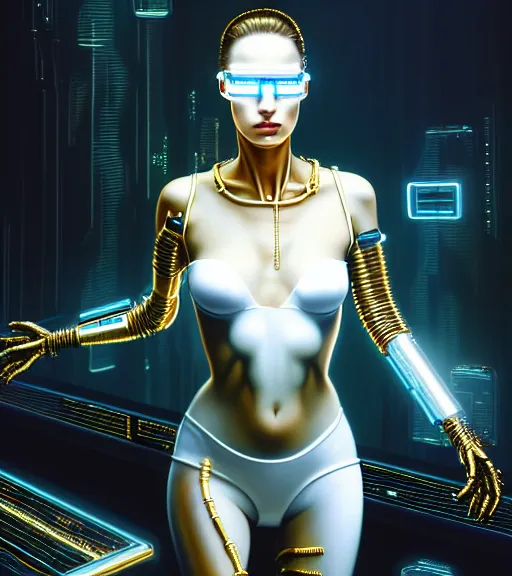 Image similar to beauty woman wrapped in white and gold, Terminator artifacts, electronic case display, cyberpunk tech, ultrarealistic, futuristic, back lit, dramatic lighting, electrical details, high details, 4k, 8k, best, accurate, trending on artstation, artstation, photorealism, ultrarealistic, digital painting, style of Peter Mohrbacher, Caravaggio, Caravaggio, Boris Vallejo, Hajime Sorayama