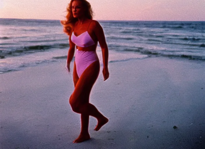 Image similar to A film photography of Ursula Andress of Dr No walking on a synthwave beach. by William Egglestone. Cinematic. Golden Hour. Kodak Portra 400. Lens flare. 50mm lens