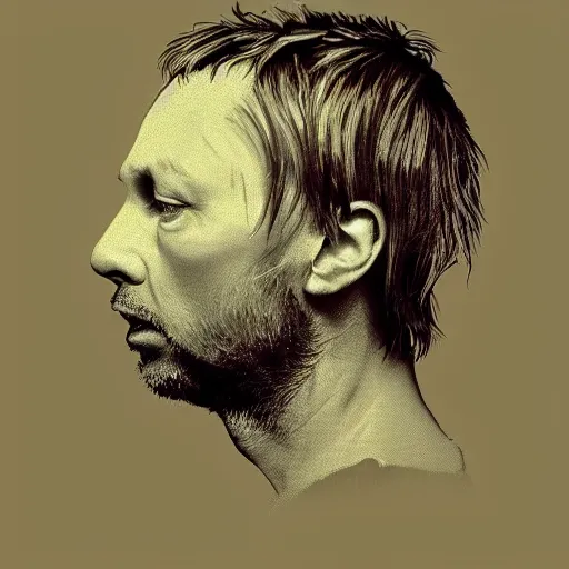 Prompt: “Thom Yorke face in profile, made of flowers, in the style of the Dutch masters, dark and moody”