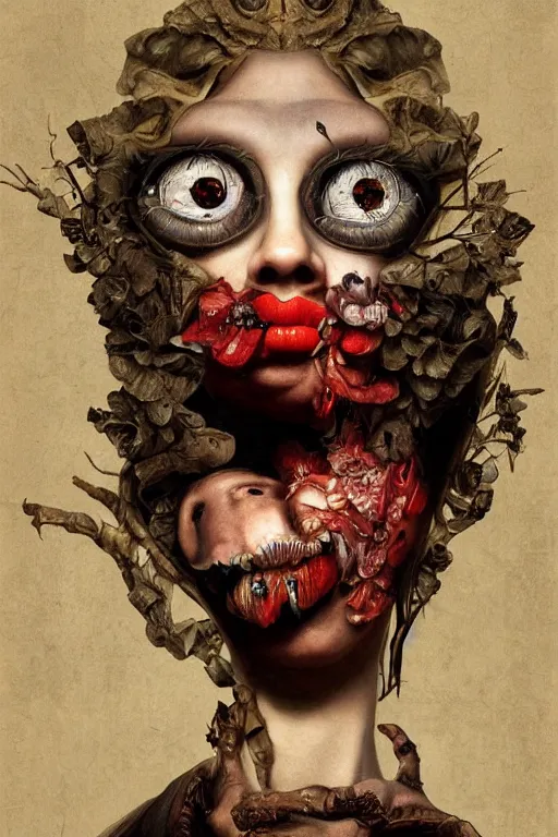 Image similar to Detailed maximalist portrait with large lips and with large wide eyes, surprised expression, extra flesh and eyes, HD mixed media, 3D collage, highly detailed and intricate, surreal illustration in the style of Caravaggio, dark art, baroque