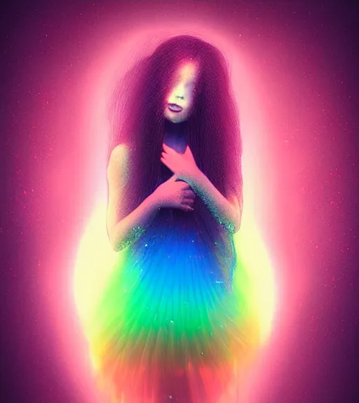 Prompt: dramatic lighting portrait of a beautiful! ethereal ginger young woman wearing shiny swarovski dress with wet hair. paint splashes. moody and melancholy. with a little bit of rainbow colors. digital art by beeple
