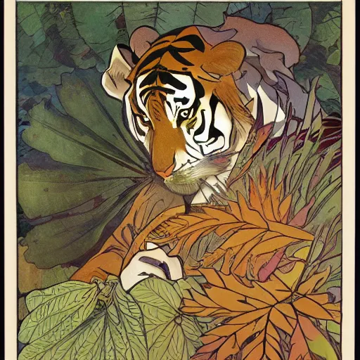 Prompt: a highly detailed portrait of cartoon tiger, sweating and flapping fan, autumn leaves on the ground, concise lines, ultradetailed environment, sharp focus, cinematic lighting, by alphonse maria mucha and kim jung gi