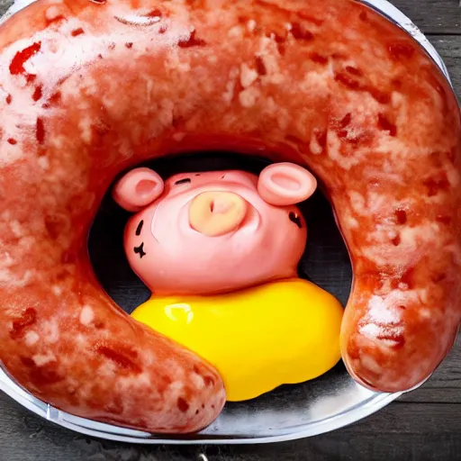 Image similar to a pig made of sausages wallowing in ketchup and mustard