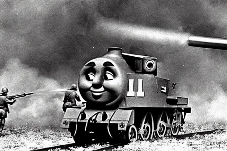 Image similar to WW2 era photograph, the face of Thomas the tank engine attached to a 800mm German super-heavy-mortar with a huge gun barrel shooting, there are german soldiers running around