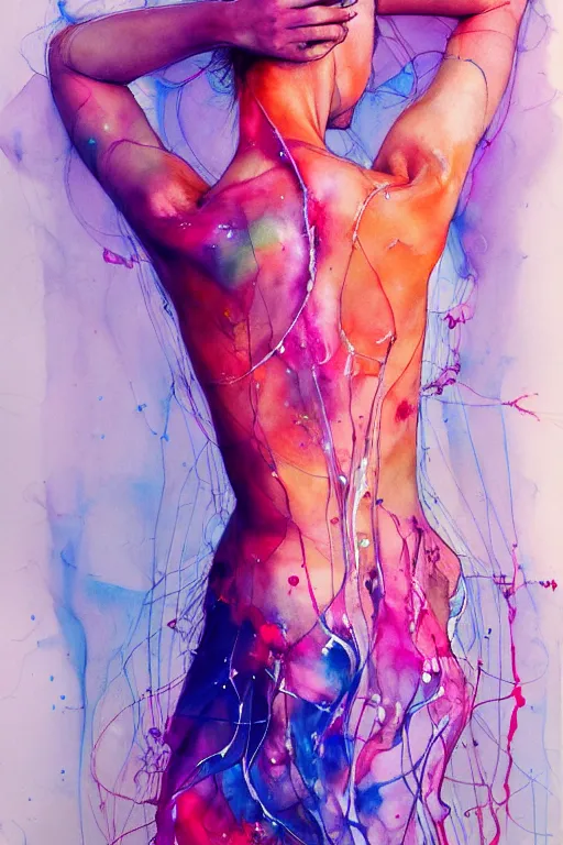 Image similar to sophia vergara by agnes cecile enki bilal moebius, intricated details, 3 / 4 back view, bendover posture, full body portrait, extremely luminous bright design, pastel colours, drips, autumn lights