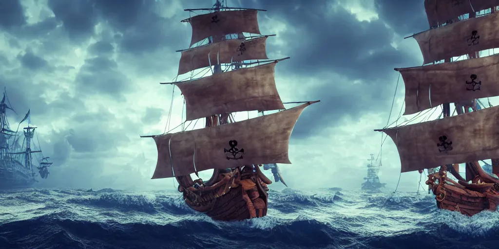 Prompt: pirate ship sailing on rough seas, giant squid 🦑 attacking pirate ship, photorealistic illustration, high quality render, 8 k resolution, octane render