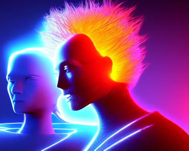 Image similar to glowing hair, complex cybernetic beings, beautiful hairy humanoids, cybermagnetosphere, cybernetic civilizations, ornate hair, love, joy, vortexes, large arrays, data holograms, 8 k, cinematic light shadows, wet hdr refractions, *, * * *, * * * * *