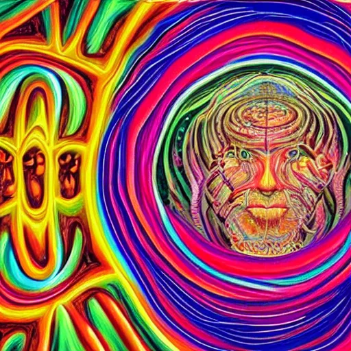 Image similar to a medical illustration painted by Alex-Grey dmt-art, psychedelic painting of a man thinking across the galaxy with the astral plane connection of millions of eyes forming a vortex of consciousness