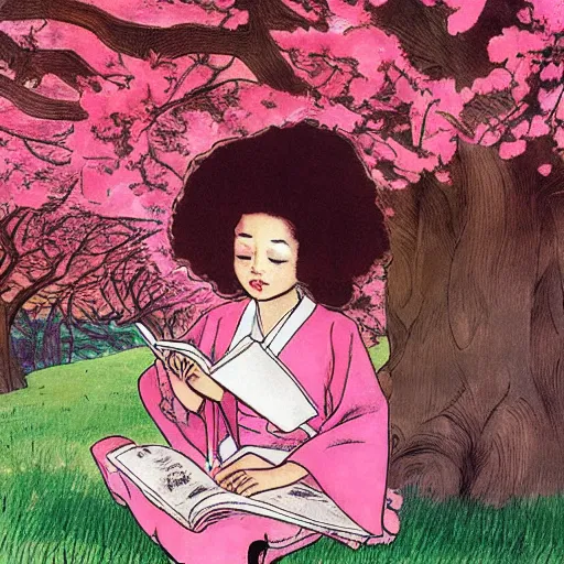 Image similar to beautiful little girl with long curly red hair dressed in a pink kimono and sitting next to a tree while reading a book, artwork made in western comic art style, inspired in balthus, anatomically correct, higher details, realistic