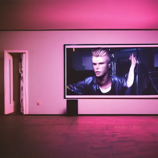 Image similar to kodak portra 4 0 0 photograph of a skinny blonde guy standing in a room with floor to ceiling hypno tv screens, back view, moody lighting, telephoto, 9 0 s vibe, blurry background, vaporwave colors!, faded!,