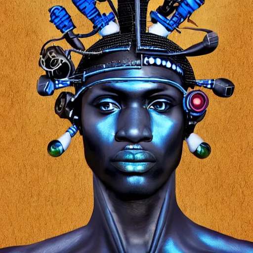 Image similar to a realistic portrait of the african god of the war and technology ogun with cyberpunk and afrofuturist weapons wearing blue, highly detailed, afrofuturist, cyberpunk, photorealistic.