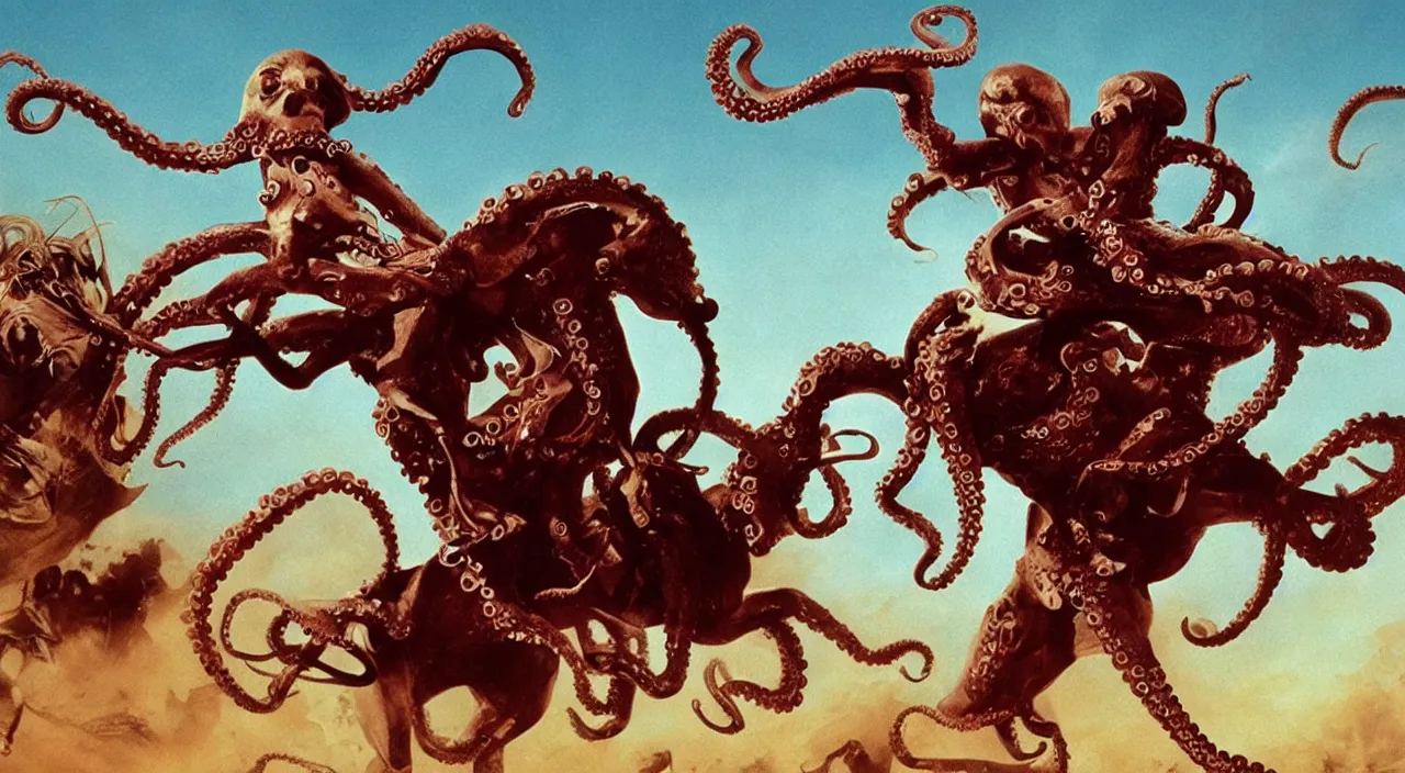 Prompt: an octopus riding a horse leading the charge, epic, John Carpenter