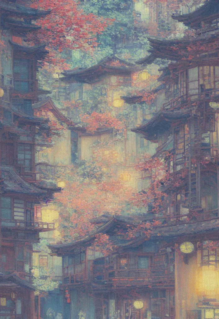 Image similar to a beautiful japanese city near the sea, amazing ryokans and gorgeous edo era houses, cyberpunk, lofi vibe, colorful, vivide colors, oil painting in impressionist style, by jeremy lipkin, by claude monet, by makoto shinkai, multiple brush strokes, inspired by ghibli, masterpiece, beautiful