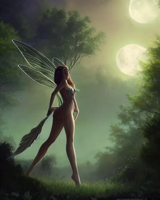 Image similar to attractive fairy goddness fly high in the night, d & d, fantasy, mist, full moon in background, trees, hyper detailed, art by artgerm and greg rutkowski and magali villeneuve, midium shot, 8 k realistic, cryengine, digital painting, trending on artstation, concept art, sharp focus, illustration,