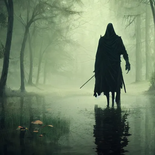 Image similar to the grim reaper in a swamp, 8 k, shallow depth of field, deviant art, greg rutkowski, moody lighting, ultra high detail, concept art,