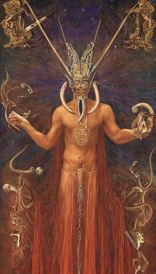 Image similar to the emperor, ram horns, taurus, mars energy, scepter in his hand, ankh, wisdom, long white beard, agostino arrivabene