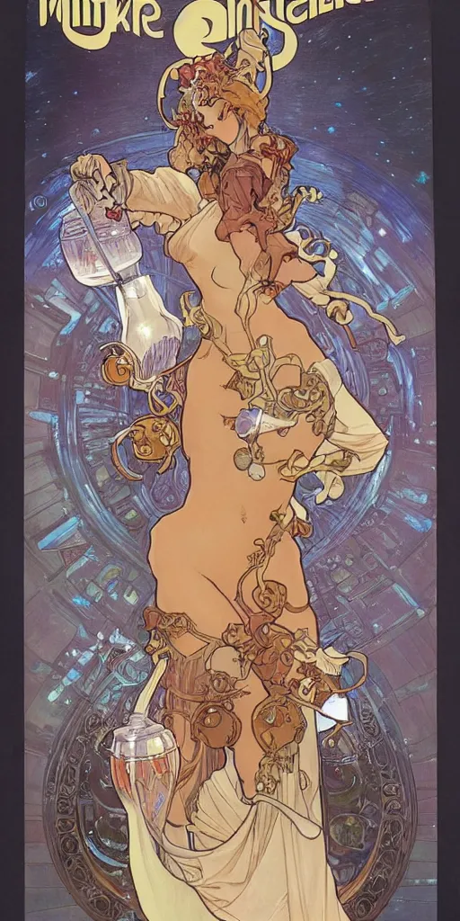 Image similar to a woman wearing outer space as a dress, pouring water from a vase into the milky way, by travis charest, by alphonse mucha, battle chasers.