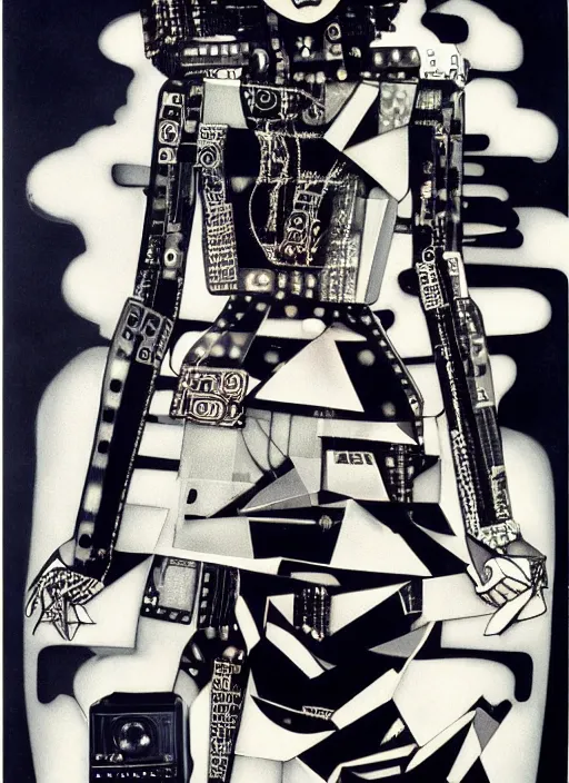 Image similar to Portrait of a punk goth fashion fractal mecha girl with a television head wearing kimono made of circuits and leds, surreal photography by Man Ray