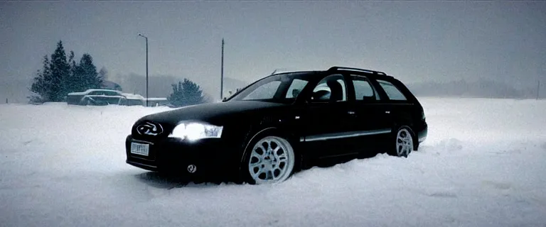 Prompt: Audi A4 B6 Avant (2002), a gritty neo-noir, dramatic lighting, cinematic, eerie person silhouette, death, homicide, homicide in the snow, gunshots, establishing shot, extremely high detail, photorealistic, cinematic lighting, artstation, by simon stalenhag, Max Payne (PC) (2001) winter New York at night, In the style of Max Payne 2 graphic novel, flashing lights, Poets of the Fall - Late Goodbye