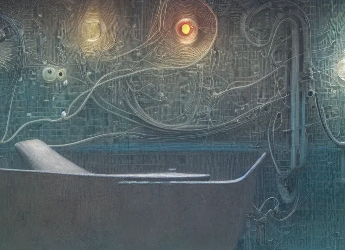 Image similar to close-up of bathtub full of water, neon, they are watching, RGB, glowing wires everywhere, decay, by Edgar Maxence and Ross Tran, Zdzisław Beksiński, and Michael Whelan, distant, gustav dore, H.R. Giger, 8k, octane render