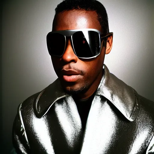 Prompt: photo, black man in memphis neighborhood, silver metallic moncler jacket, silver reflective circular sunglasses, head and shoulders portrait, kodak ektachrome, greenish expired film, award winning, low contrast