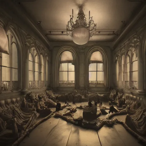 Prompt: A room full of people, vampires, high ceiling, victorian, soft light, ominous, photorealistic, detailed, 8k
