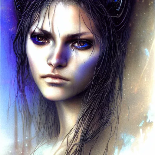 Image similar to an award finning closeup facial portrait by luis royo and john howe of a very beautiful and attractive female bohemian cyberpunk traveller aged 1 9 in excessively fashionable cyberpunk gear