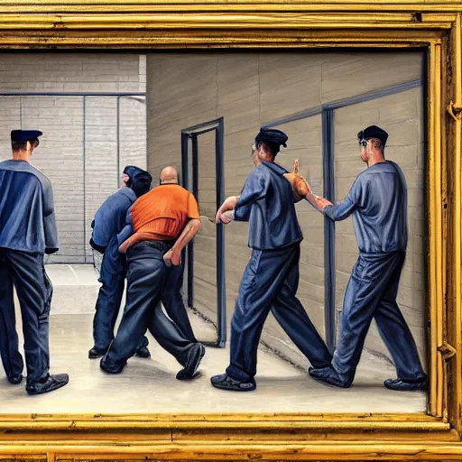 Image similar to hyperrealism painting of prisoners trying to escape prison while guards are distracted