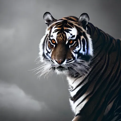 Prompt: A dramatic picture of hooded tiger , foggy atmosphere, cinematic lighting