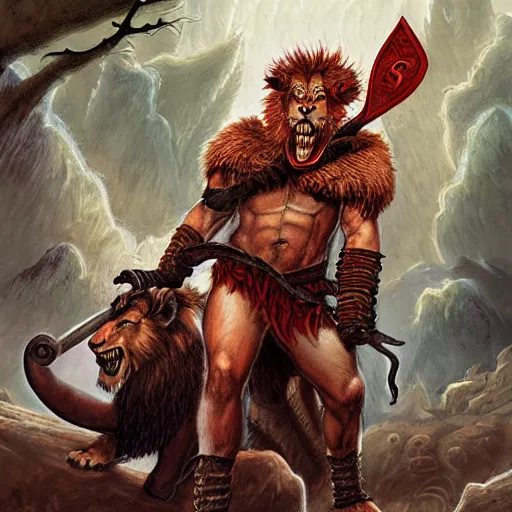 Image similar to a tiefling lion - man barbarian with horns, black fur and red eyes, wielding a greatsword, high quality digital painting by larry elmore and jeff easley