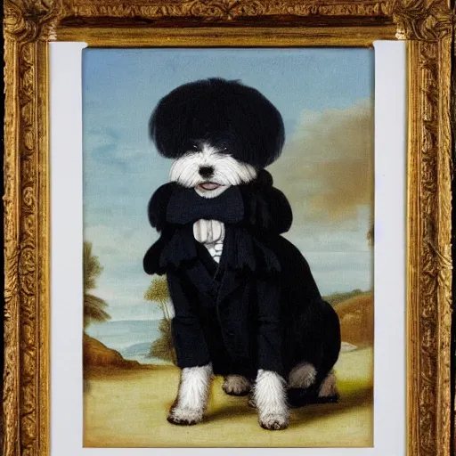 Prompt: A black coton de tulear dog dressed up as a dapper english gentleman, renaissance oil painting, highly detailed