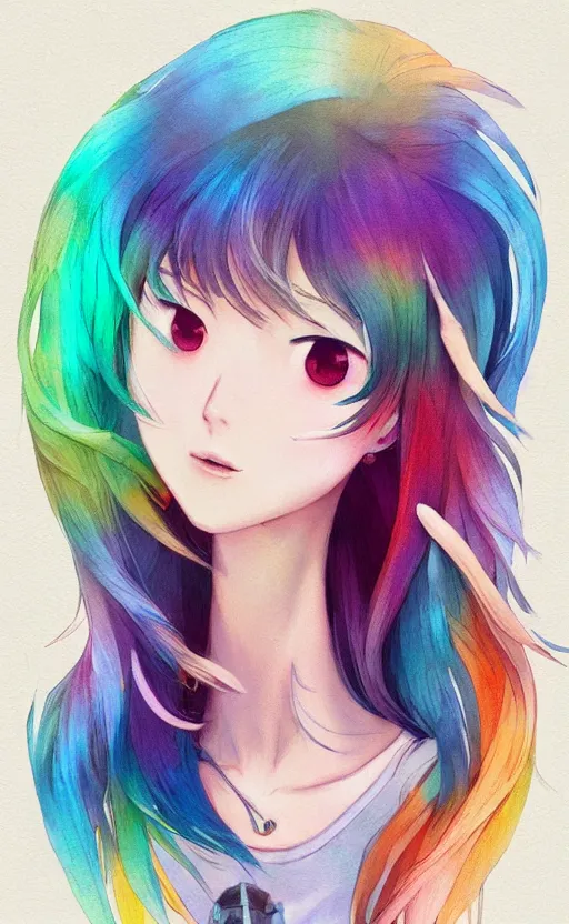 Image similar to a kawaii woman with rainbow hair, happy, summer time, soft eyes and narrow chin, dainty figure, long hair straight down, kawaii shirt and jeans, basic white background, In style of by Jordan Grimmer and greg rutkowski, crisp lines and color