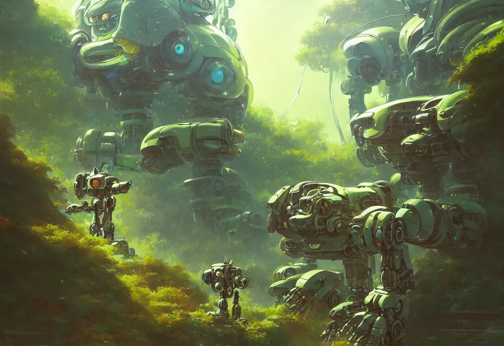 Image similar to a lonely small chubby mecha in an alien jungle, intricate oil painting, high detail illustration, sharp high detail, manga and anime 1 9 9 9, official fanart behance hd artstation by jesper ejsing and makoto shinkai, 4 k,