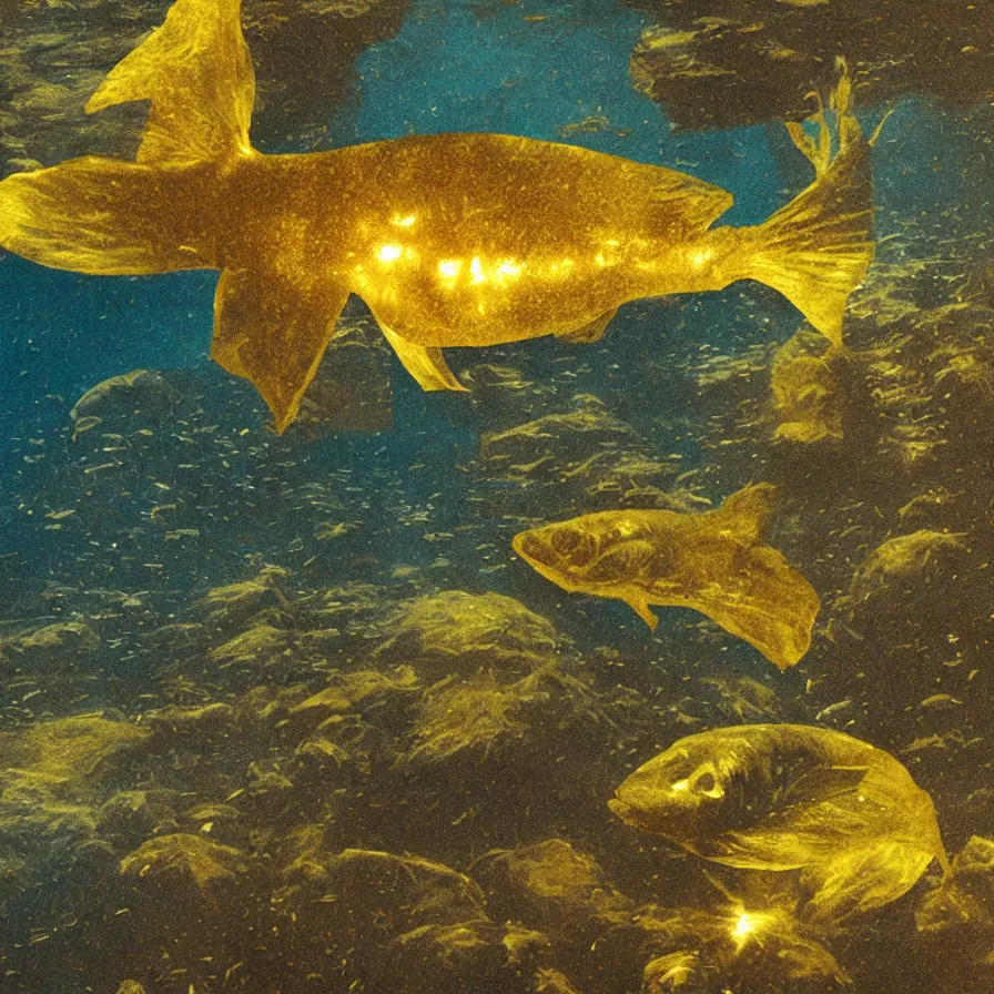 Image similar to a desolate golden glowing fish! swims in magical water with caustics and volumetric lighting, photorealistic painting