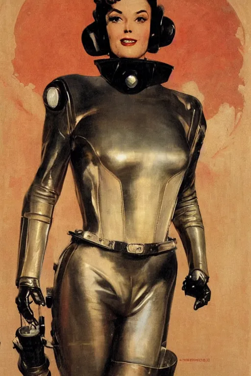 Image similar to 5 0 s pulp scifi fantasy illustration portrait striking elegant mature woman in leather spacesuit by norman rockwell, roberto ferri, daniel gerhartz, edd cartier, jack kirby, howard v brown, ruan jia, tom lovell, frank r paul, jacob collins, dean cornwell, astounding stories, amazing, fantasy, other worlds