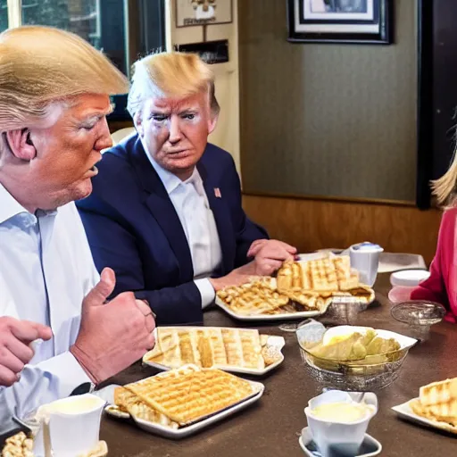 Image similar to photograph of trump and Biden sitting and eating breakfast at a Wafflehouse