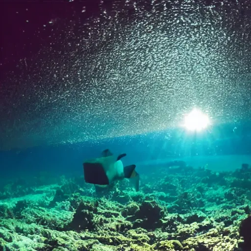 Prompt: ultrawide shot backlit ploughing the seabed underwater photo on gopro