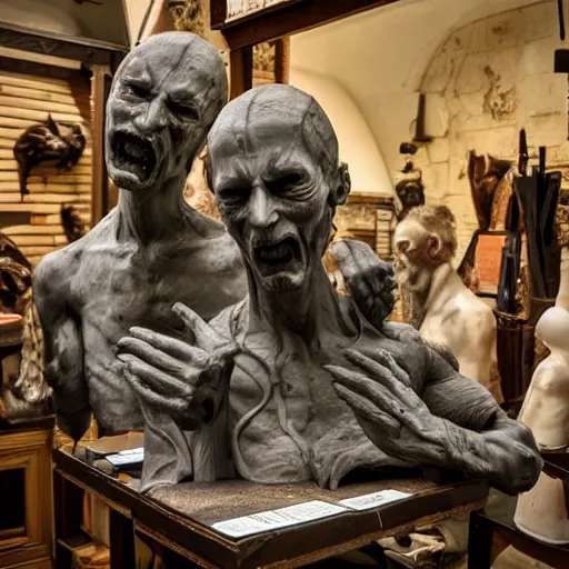 Image similar to evil souls being sculptured in small renaissance shop, advanced, fantastic reality, in the style o fstefan bakałowicz, 8 k resolution